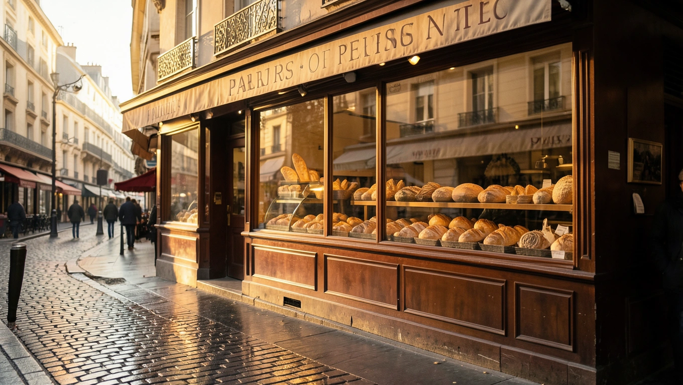 Vitrine de boulangerie parisienne au matin